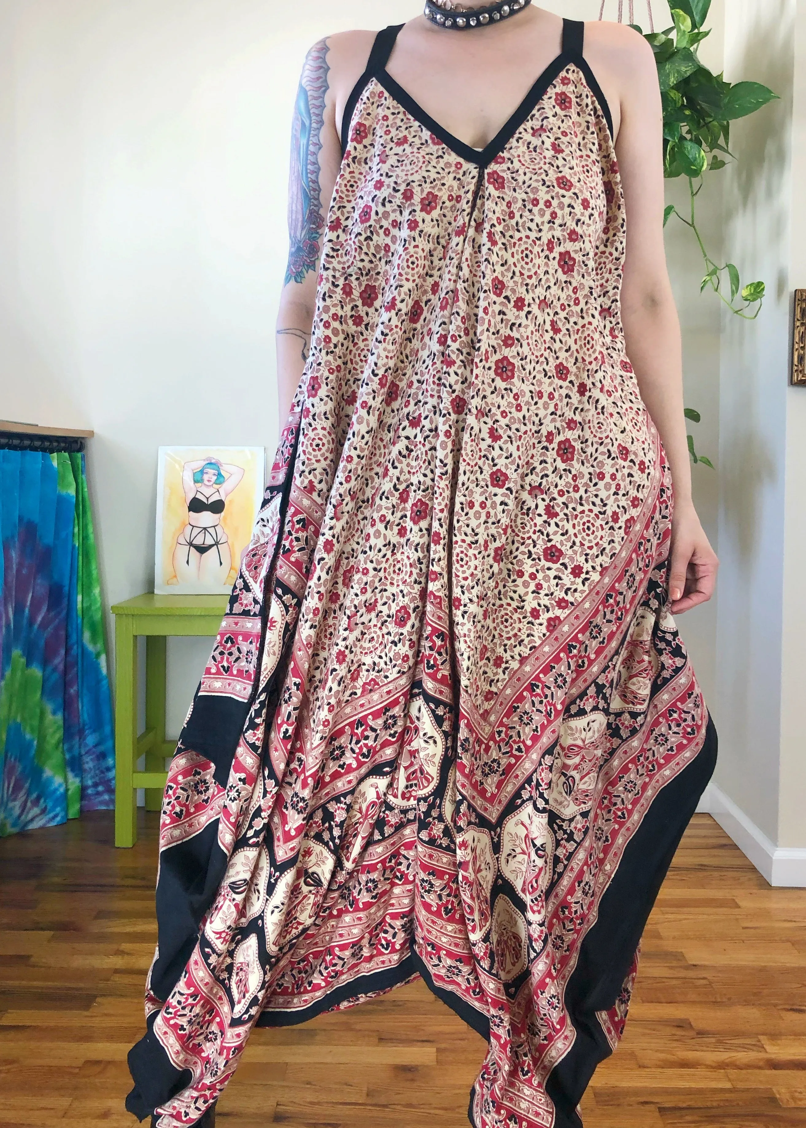Vintage Floral & Peacock Printed Jumpsuit - XL/2X/3X