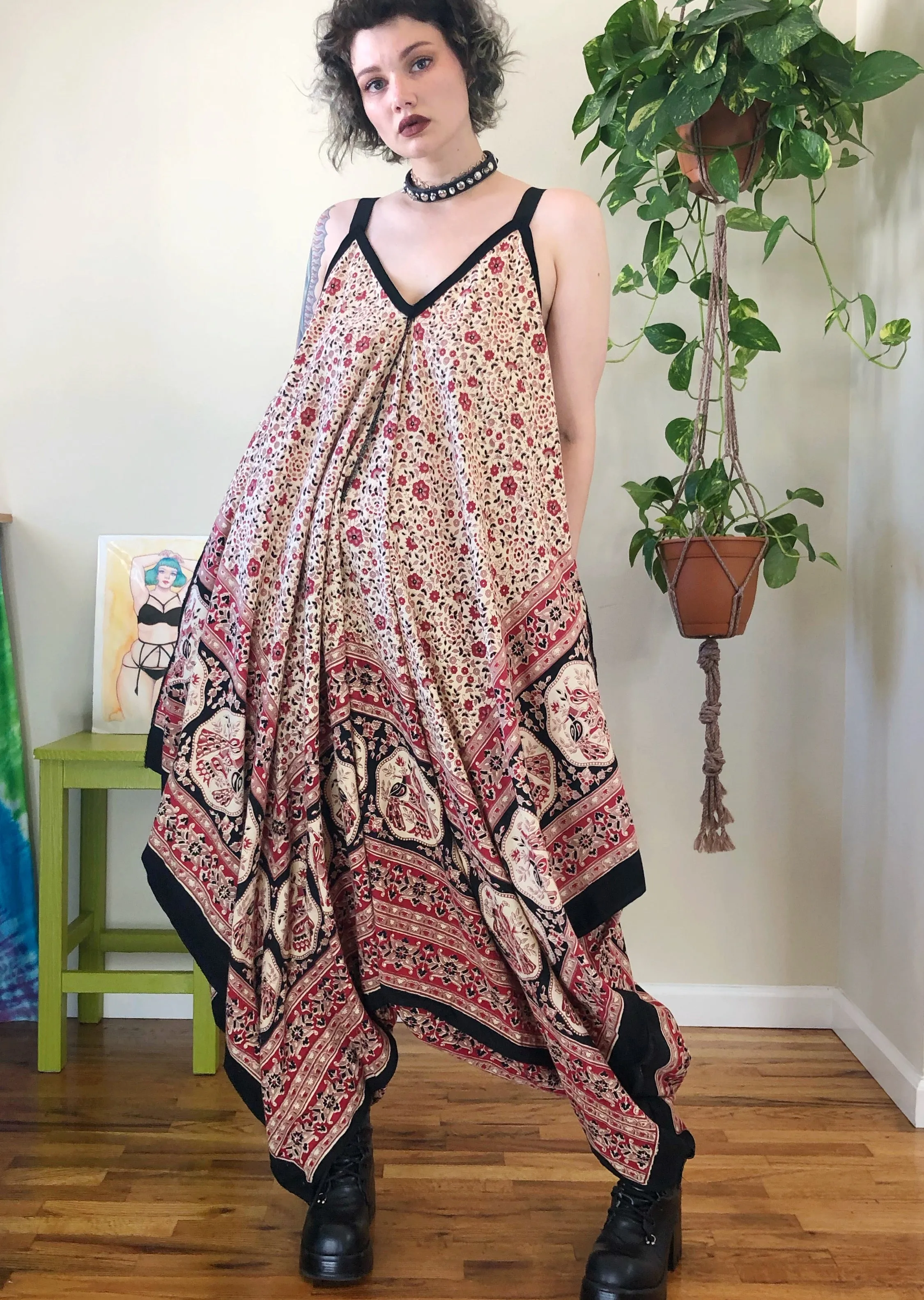Vintage Floral & Peacock Printed Jumpsuit - XL/2X/3X