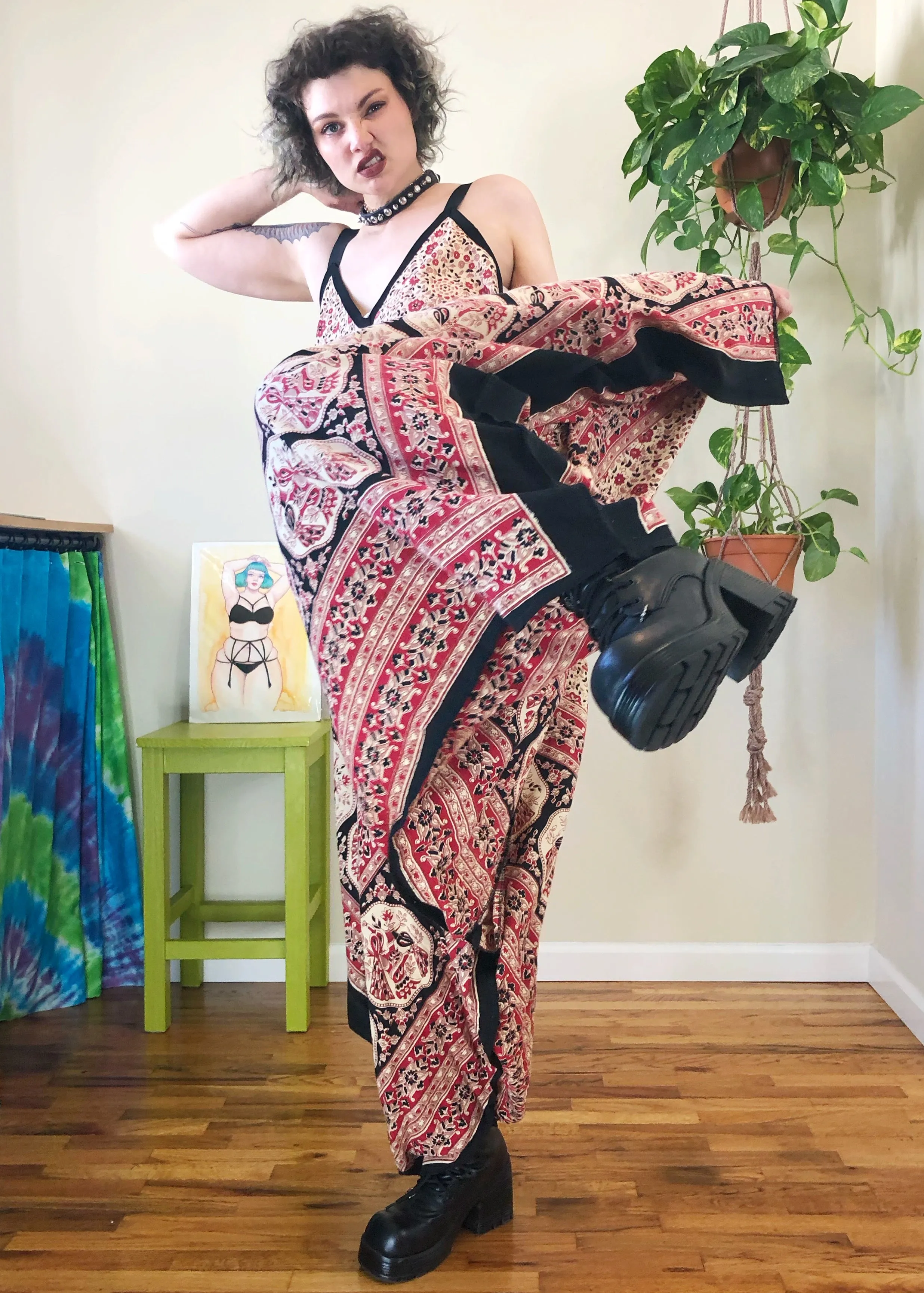 Vintage Floral & Peacock Printed Jumpsuit - XL/2X/3X