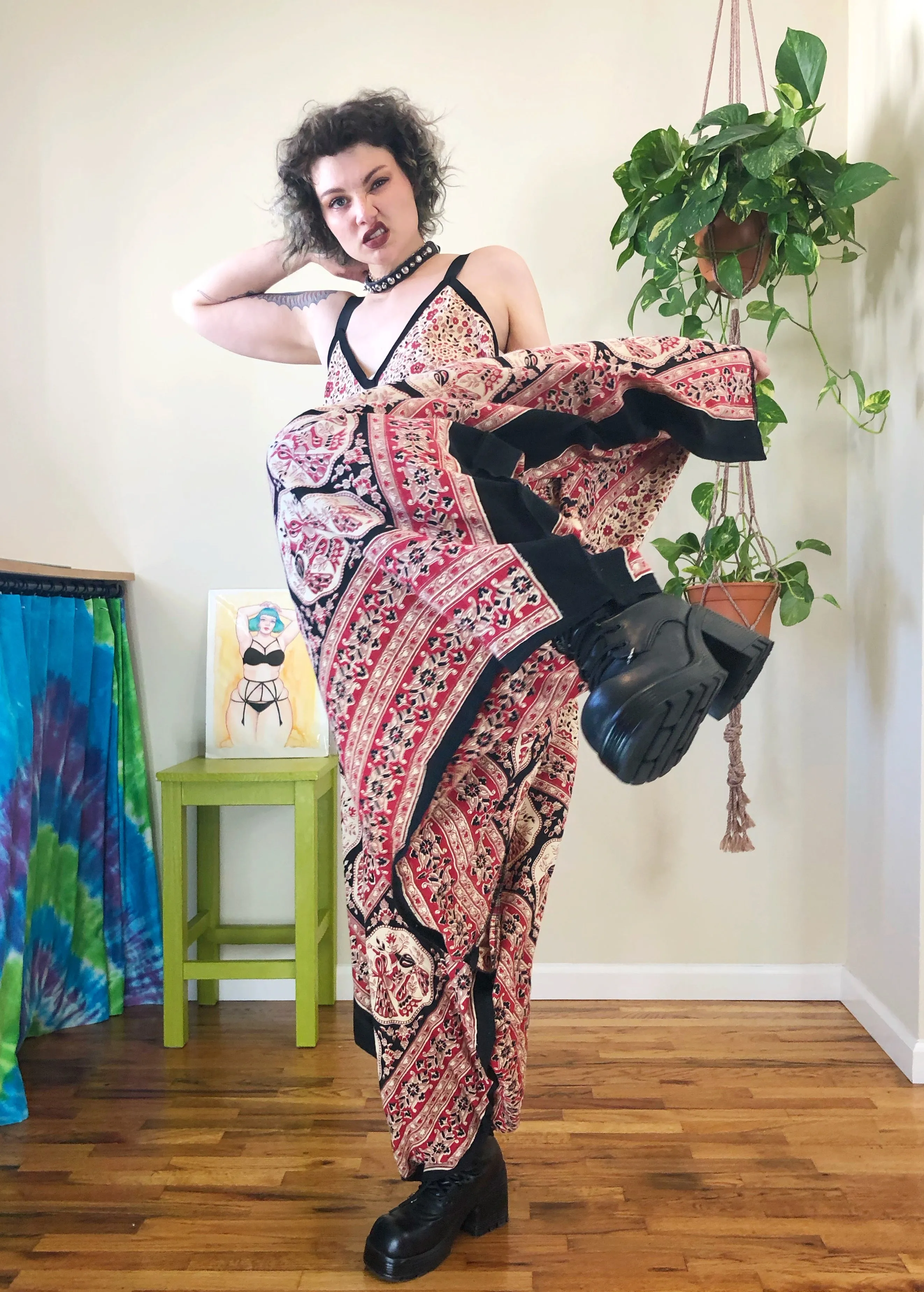 Vintage Floral & Peacock Printed Jumpsuit - XL/2X/3X