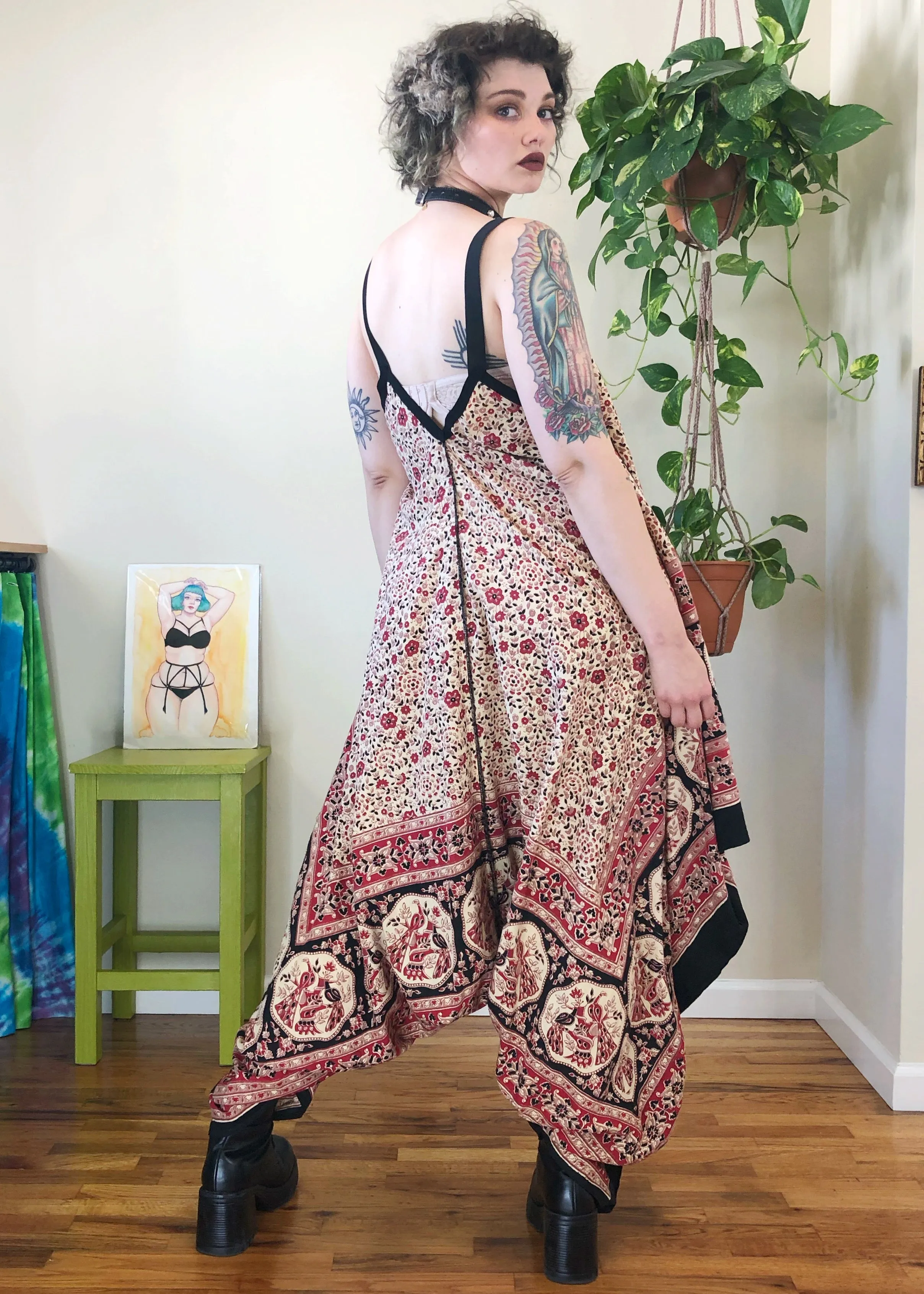 Vintage Floral & Peacock Printed Jumpsuit - XL/2X/3X