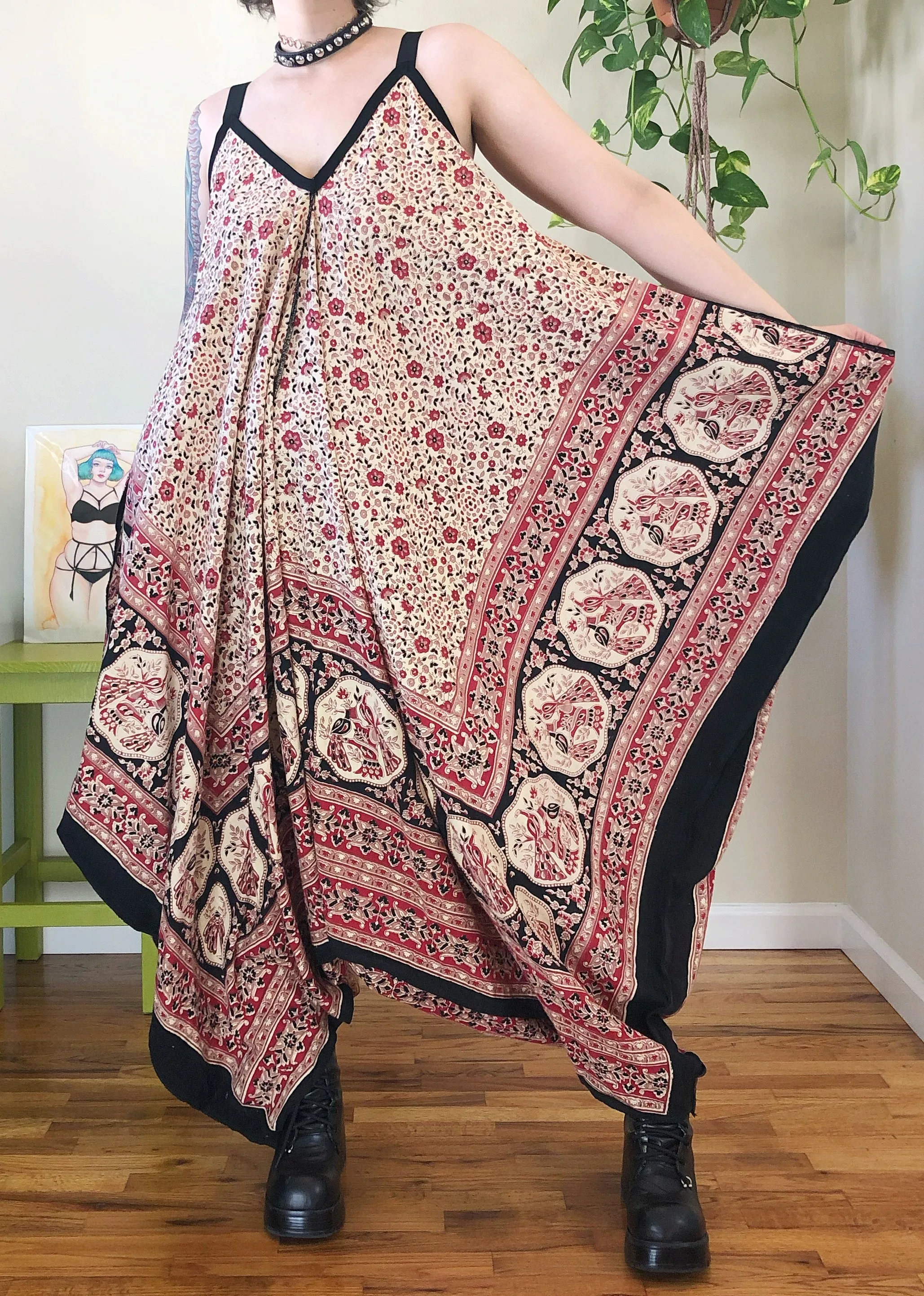 Vintage Floral & Peacock Printed Jumpsuit - XL/2X/3X