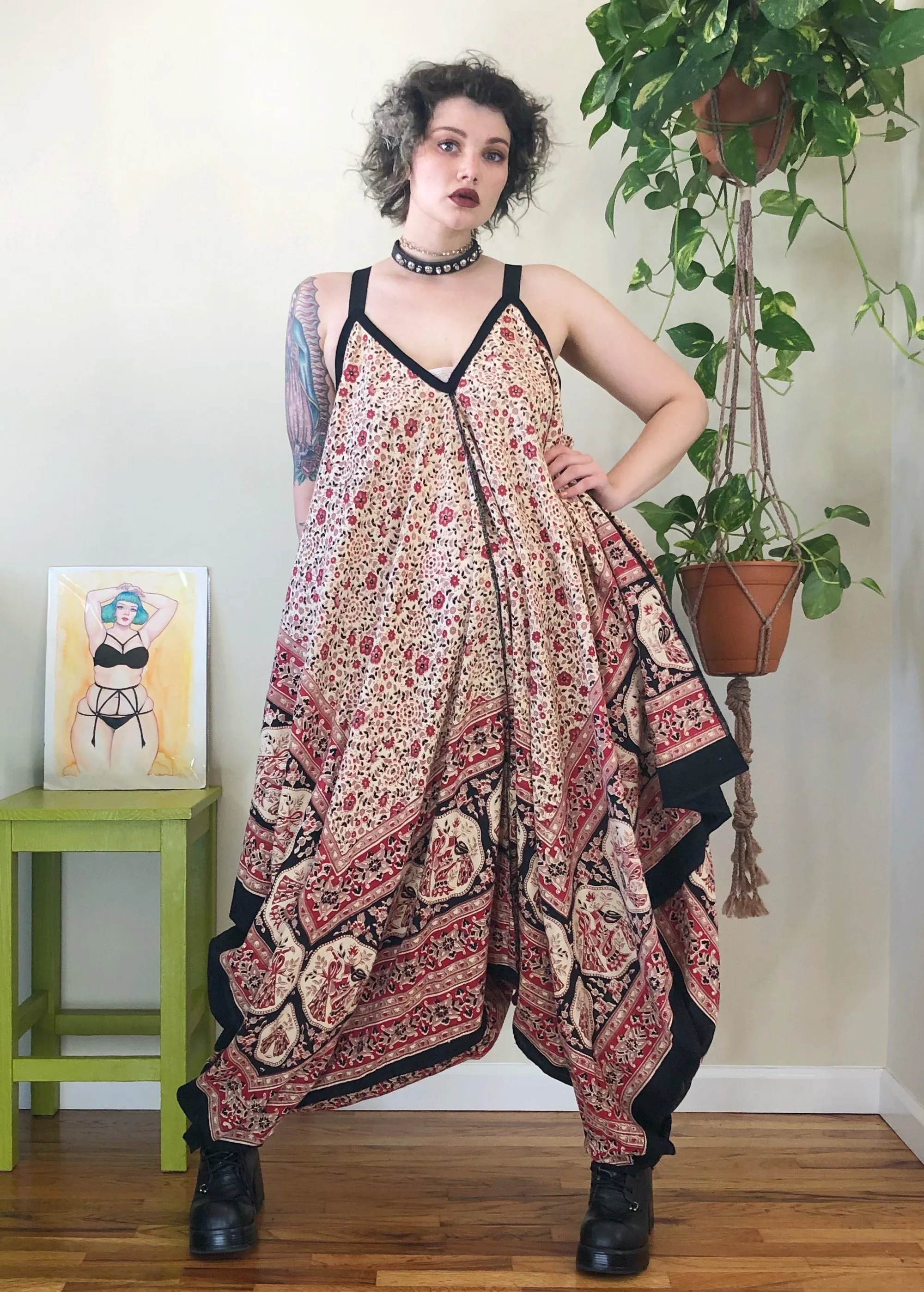 Vintage Floral & Peacock Printed Jumpsuit - XL/2X/3X