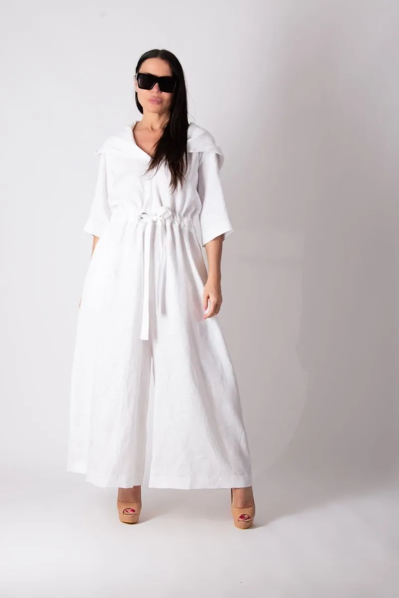 White Linen Hooded Jumpsuit REGINA