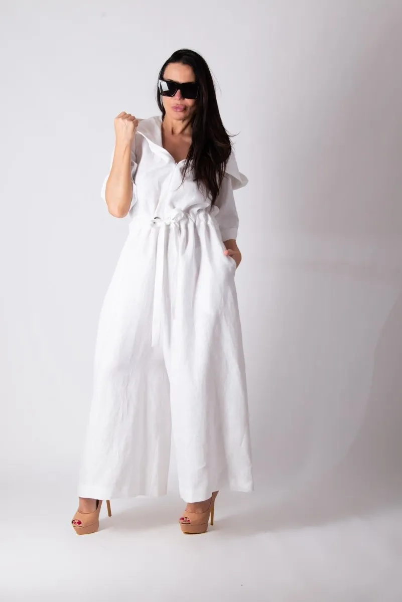 White Linen Hooded Jumpsuit REGINA