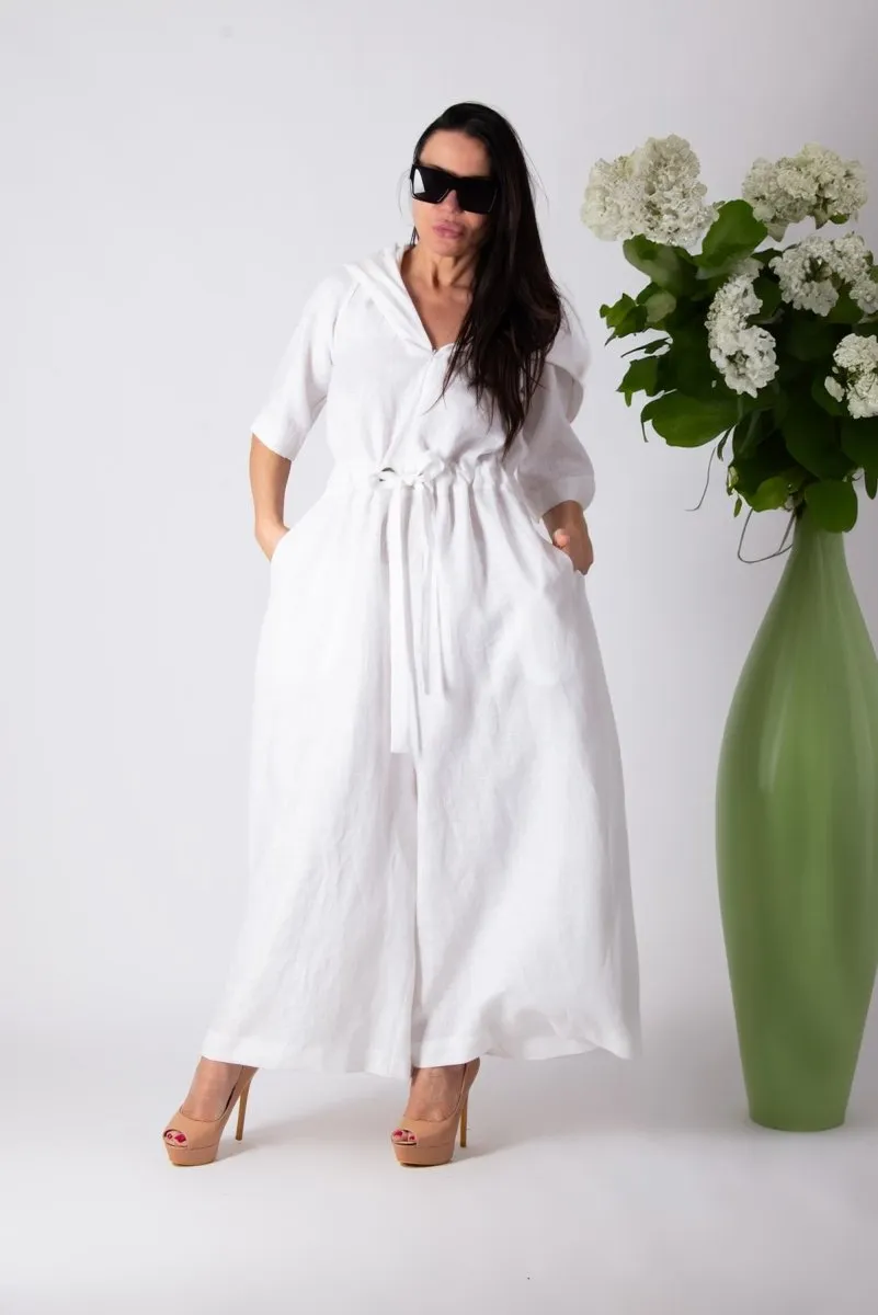 White Linen Hooded Jumpsuit REGINA