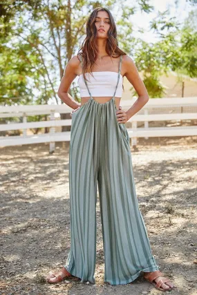 Wide Leg Stripe Suspender Jumpsuit