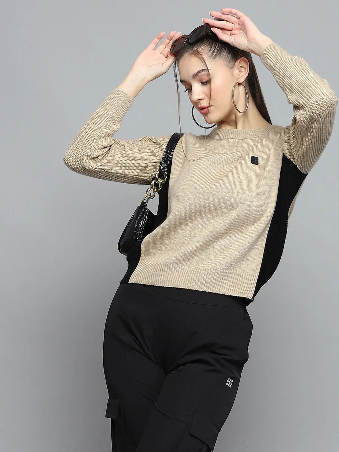 Women Beige Solid Round Neck Full Sleeve Pullover