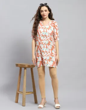 Women Rust Printed Mandarin Collar Short Sleeve Tunic