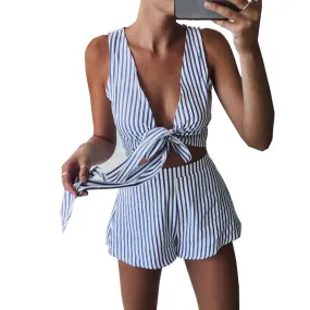 Women Set Blue Striped Short Jumpsuit