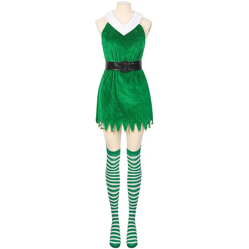 Women's 4PCS Christmas Elf Santa's Helper Costume for Women Party Fancy Dress with Hat