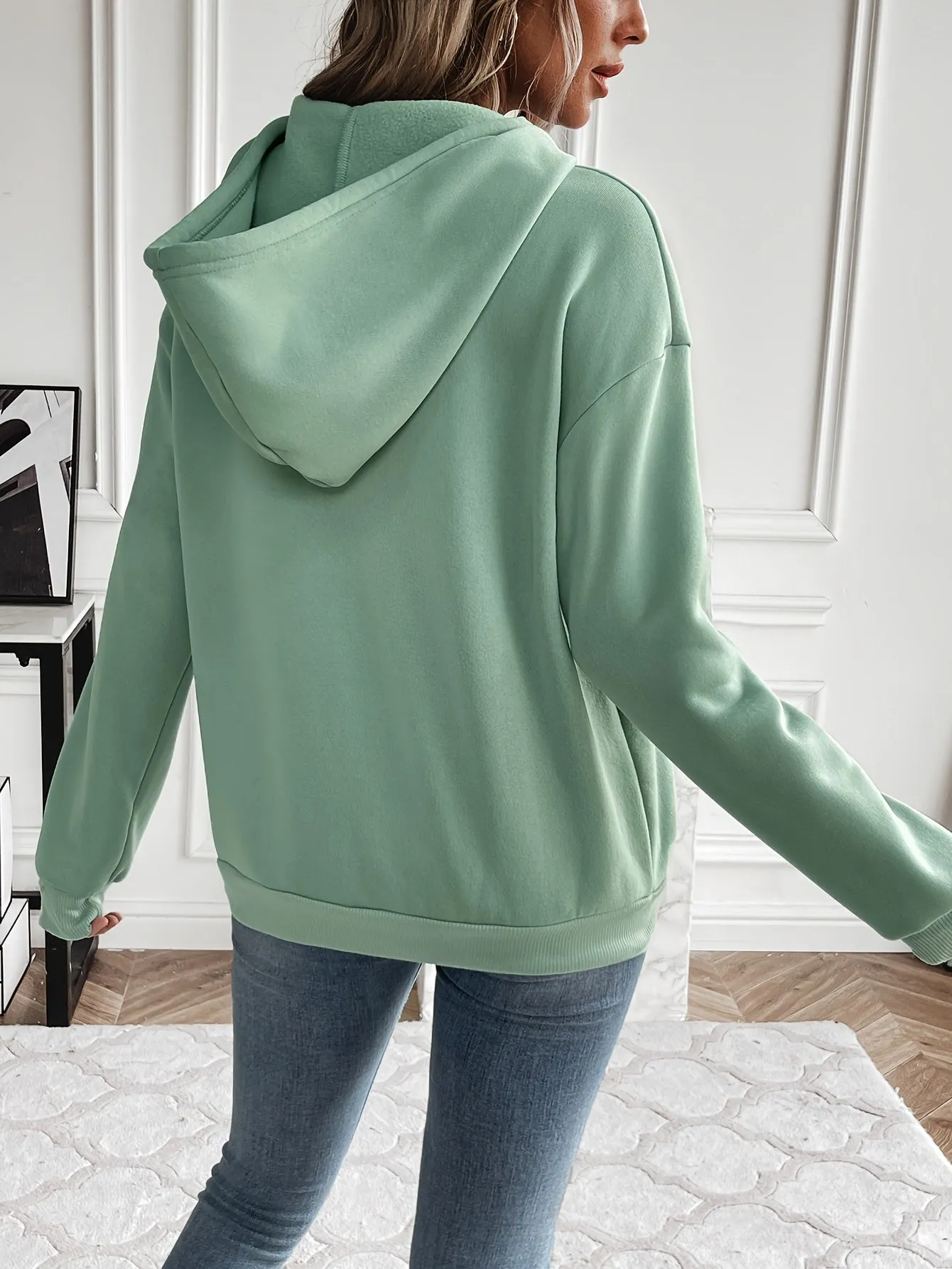 Womens Chic Solid Drawstring Hoodie Sweatshirt - Adjustable Hood, Cozy Pocket, Long Sleeves - Trendy Casual Wear for Comfort and Style