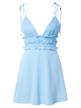 Women's Frill Waist Lace Detail Mini Dress,Blue