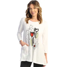 Women's Jess & Jane Mineral Washed Cotton Slub Patch Pocket Tunic White Tulips