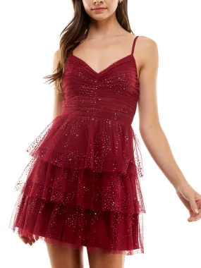 Women's Ruched Mesh Dress,Burgundy