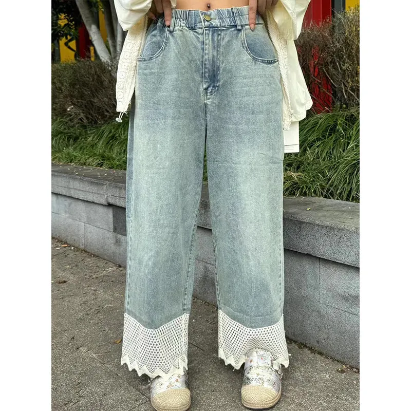xiangtuibao Harajuku Style Lace Stitching Jeans for Women  New Summer High Waist plus Size Slimming and Straight Pants Fashion Wholesale