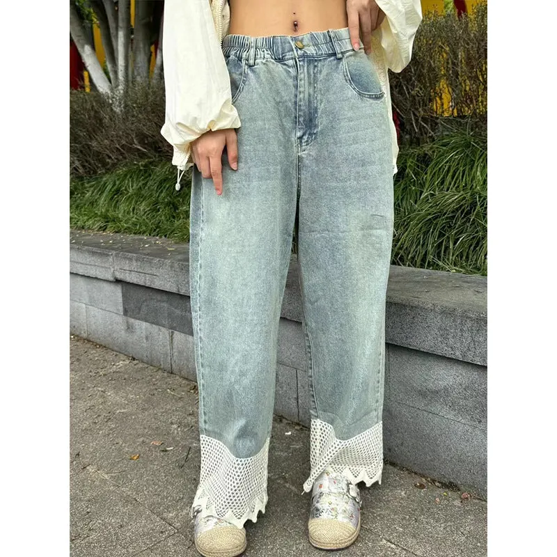 xiangtuibao Harajuku Style Lace Stitching Jeans for Women  New Summer High Waist plus Size Slimming and Straight Pants Fashion Wholesale