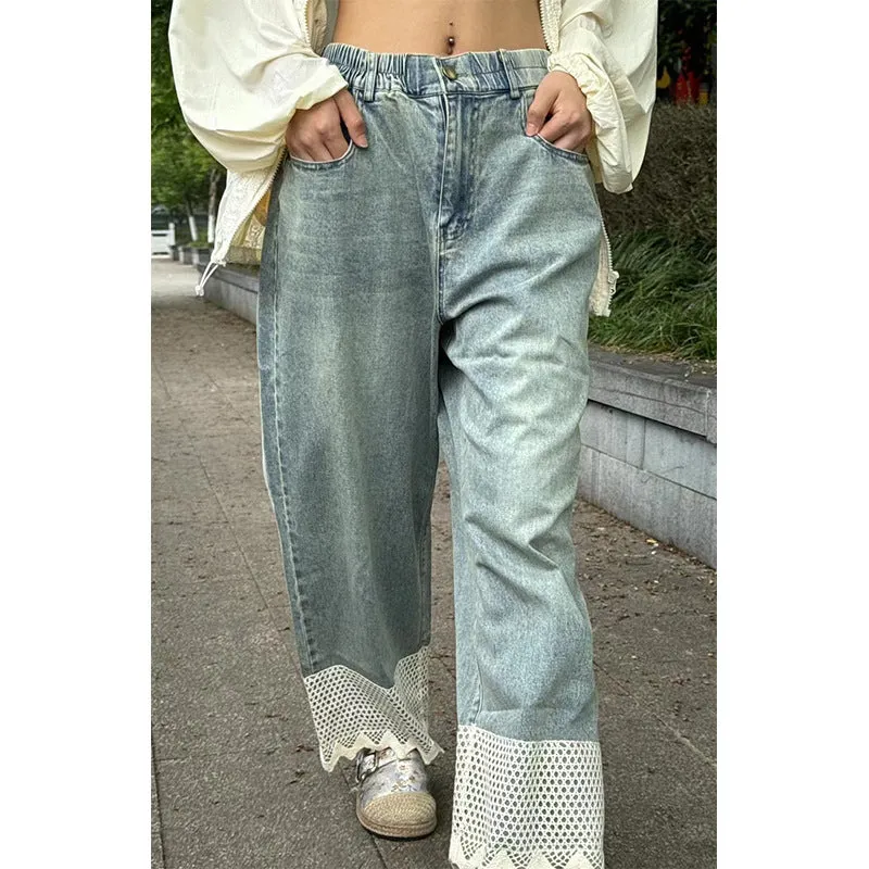 xiangtuibao Harajuku Style Lace Stitching Jeans for Women  New Summer High Waist plus Size Slimming and Straight Pants Fashion Wholesale