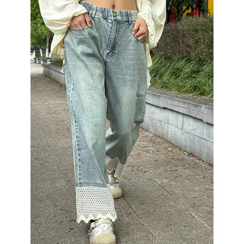 xiangtuibao Harajuku Style Lace Stitching Jeans for Women  New Summer High Waist plus Size Slimming and Straight Pants Fashion Wholesale