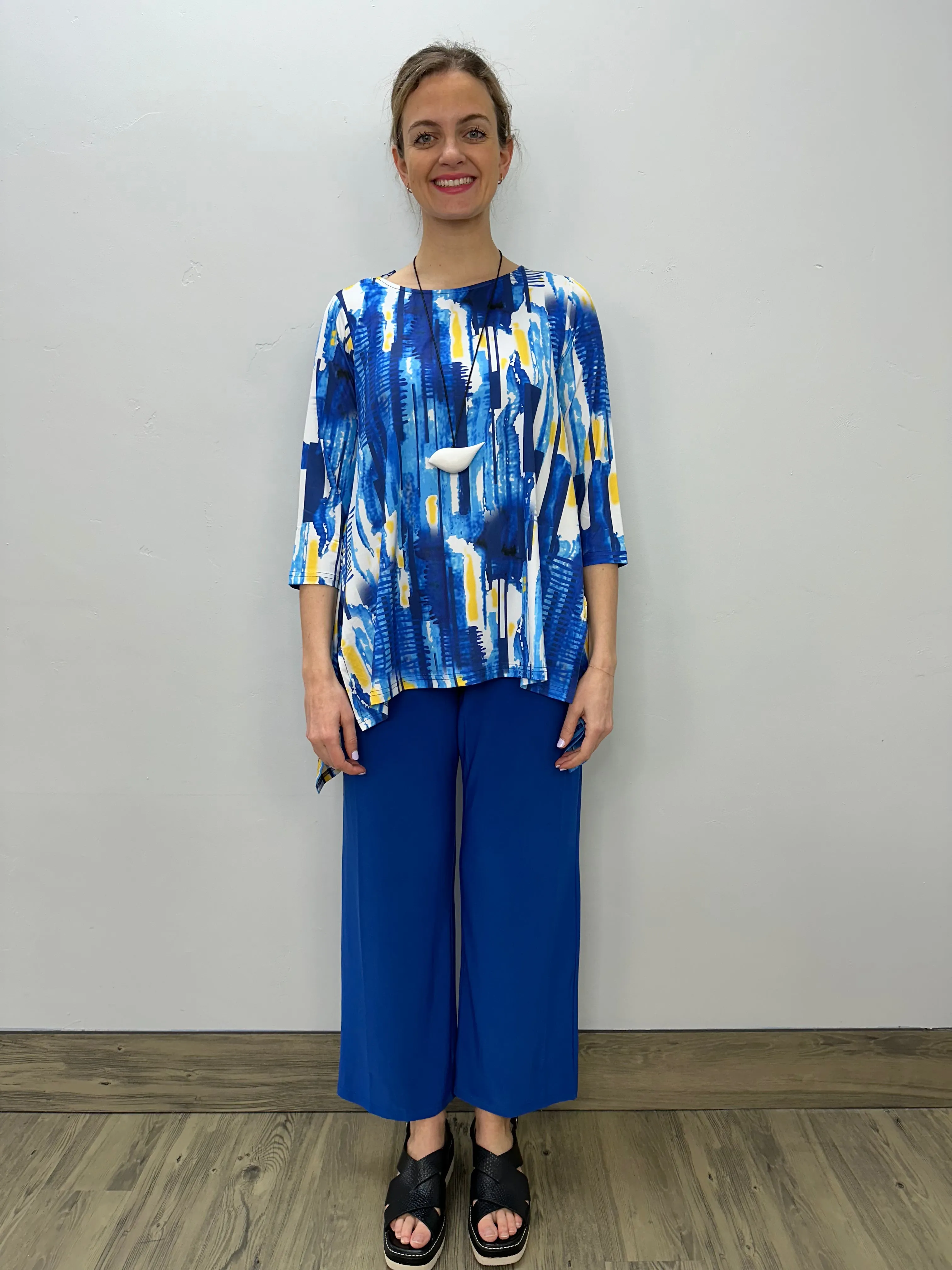 Yellow and Blue Pattern 3/4 Sleeve Shark-bite Tunic