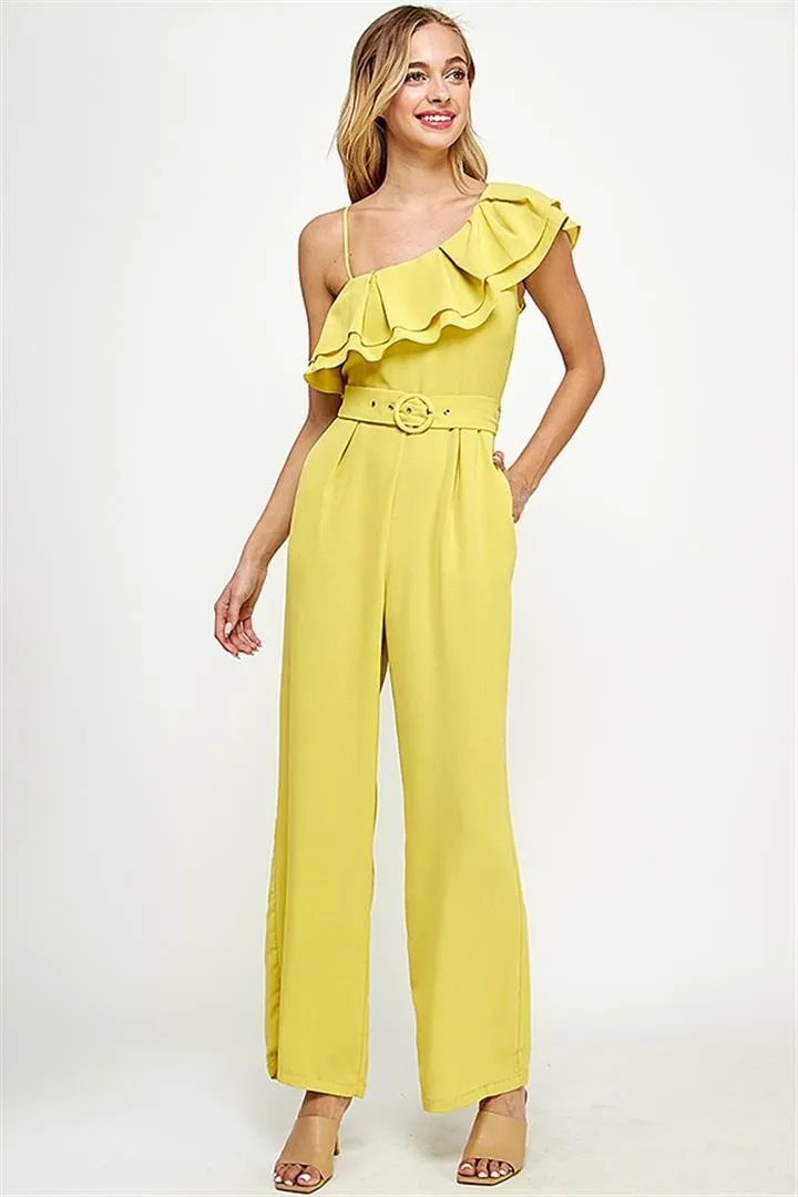 Yellow Ruffle One Shoulder Jumpsuit With Belt