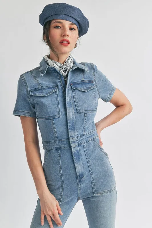 Zipper Denim Jumpsuit